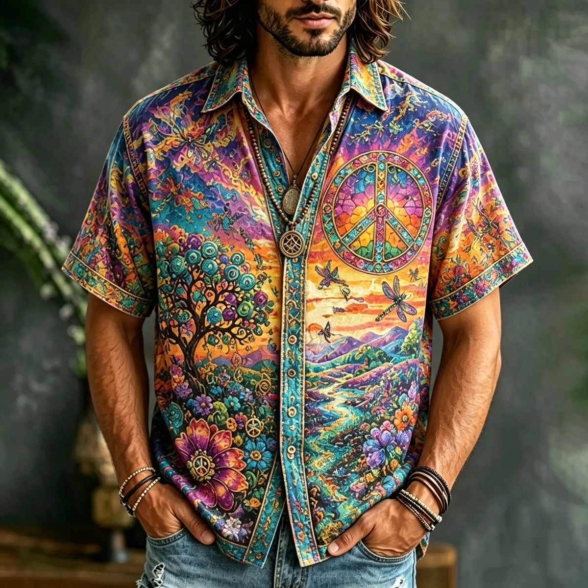 Men's Retro Hippie Psychedelic Peace Symbol Tree Of Life Floral Short Sleeve Shirt