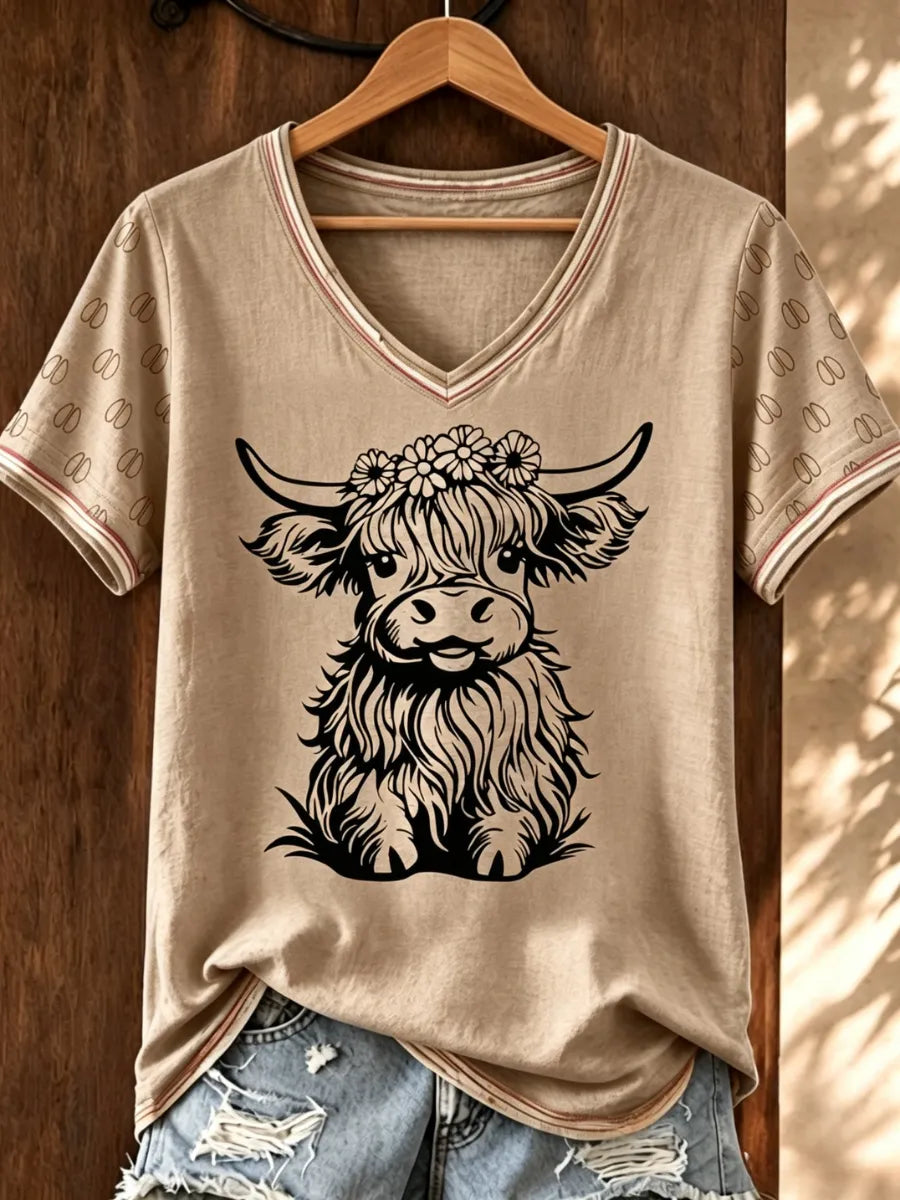 Women's Highland Cow Printed Casual V-Neck T-Shirt