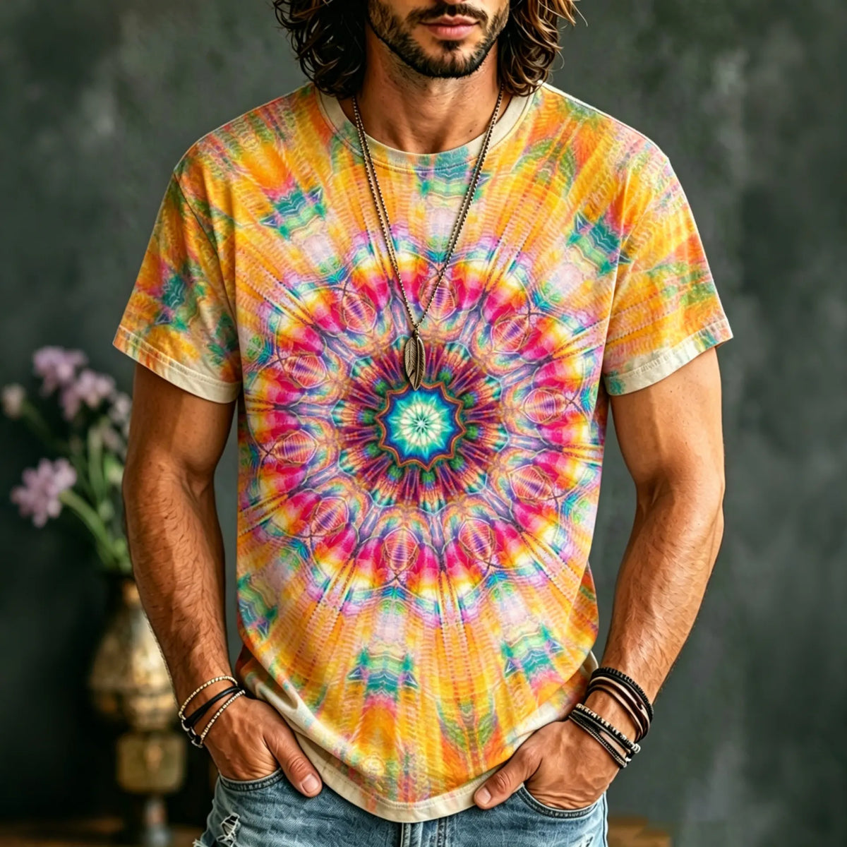 Men's Retro Hippie Tie-dye Cotton Linen Short-sleeve T-shirt