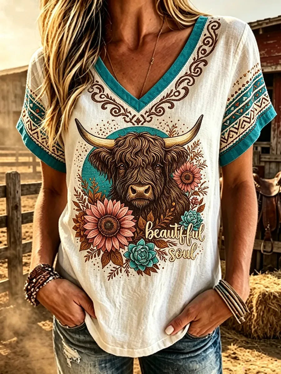 Women'S Retro Western Style Animal Print Casual Linen Short-Sleeve T-Shirt
