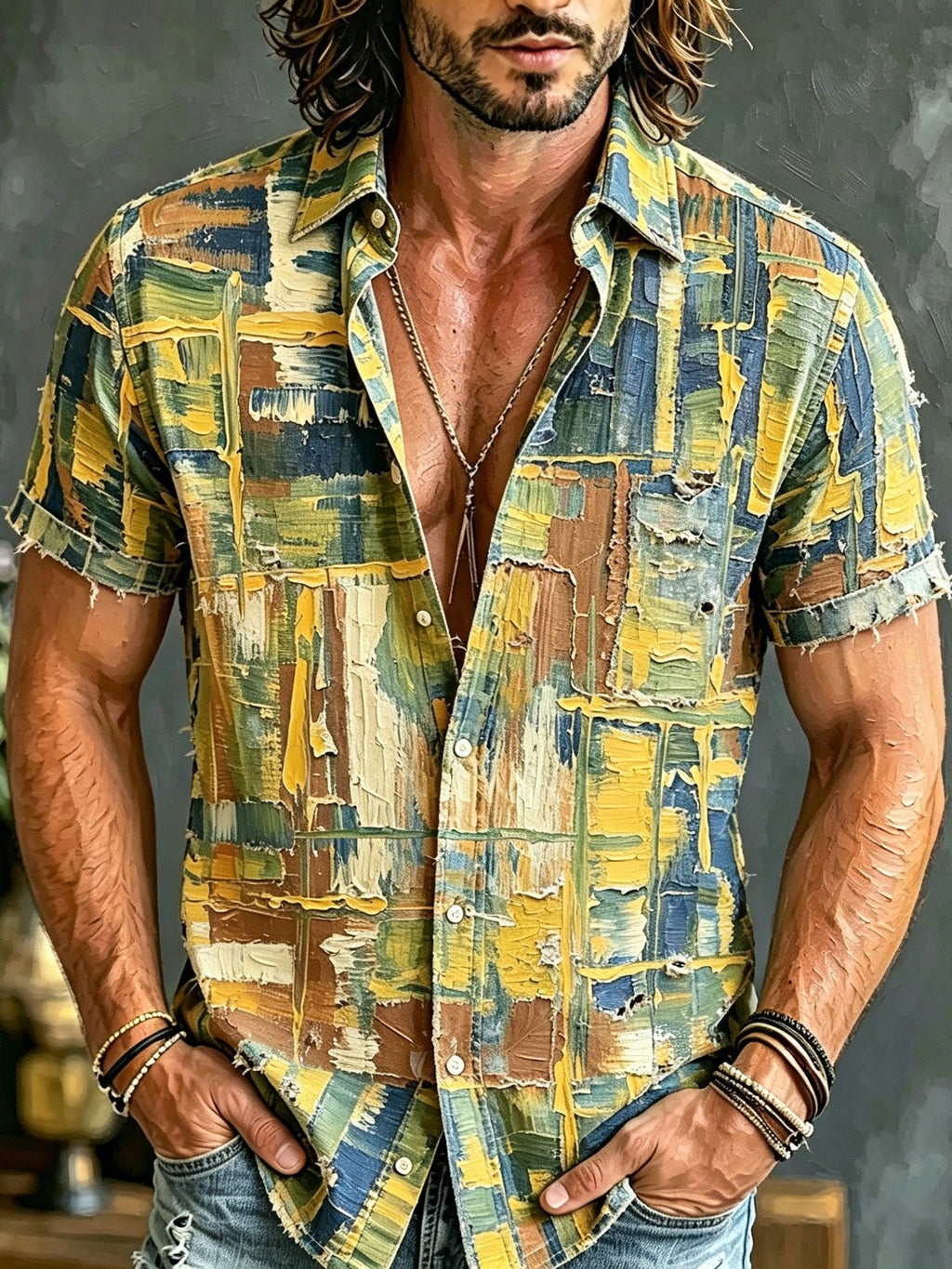 Men's Retro Hippie Style Oil Painting Print Shirt