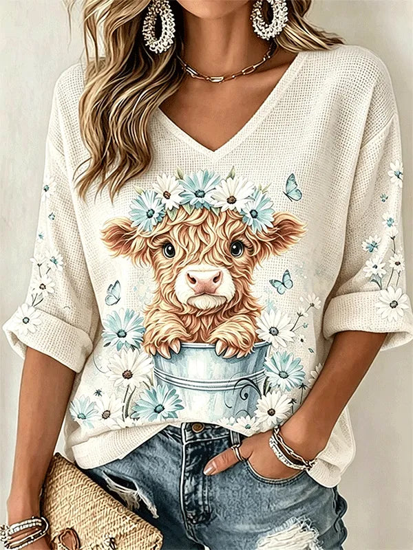 Women's Daisy Flower Crown Highland Cow Bucket Butterfly Print Waffle Top