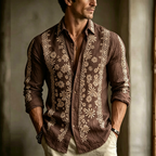 Bohemian Plant Flower Embroidered Pattern Retro Casual Linen Shirt