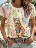 Women's Floral Cat Print Casual T-Shirt