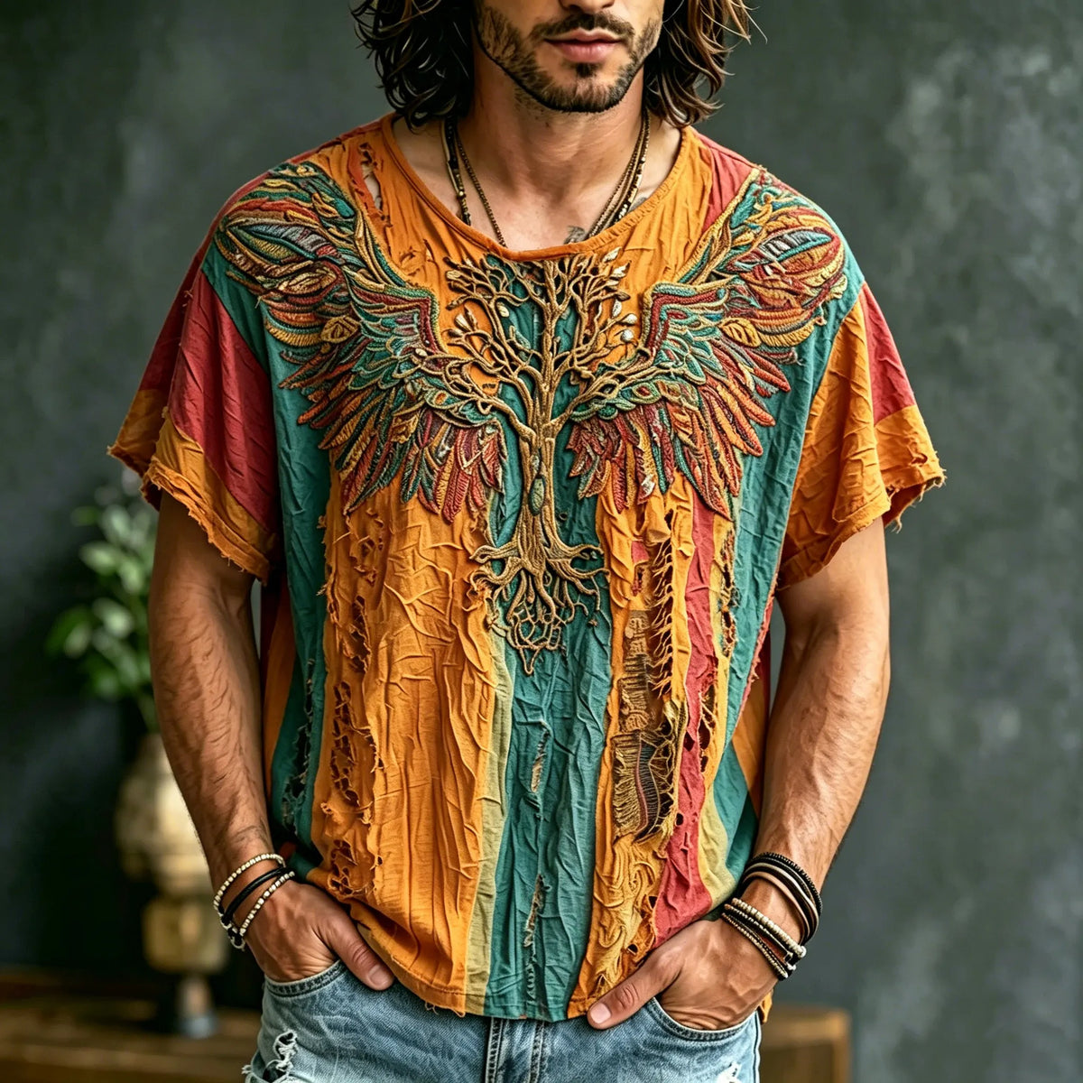 Men's Retro Hippie Style Tree Of Life And Wings Embroidered Print T-shirt