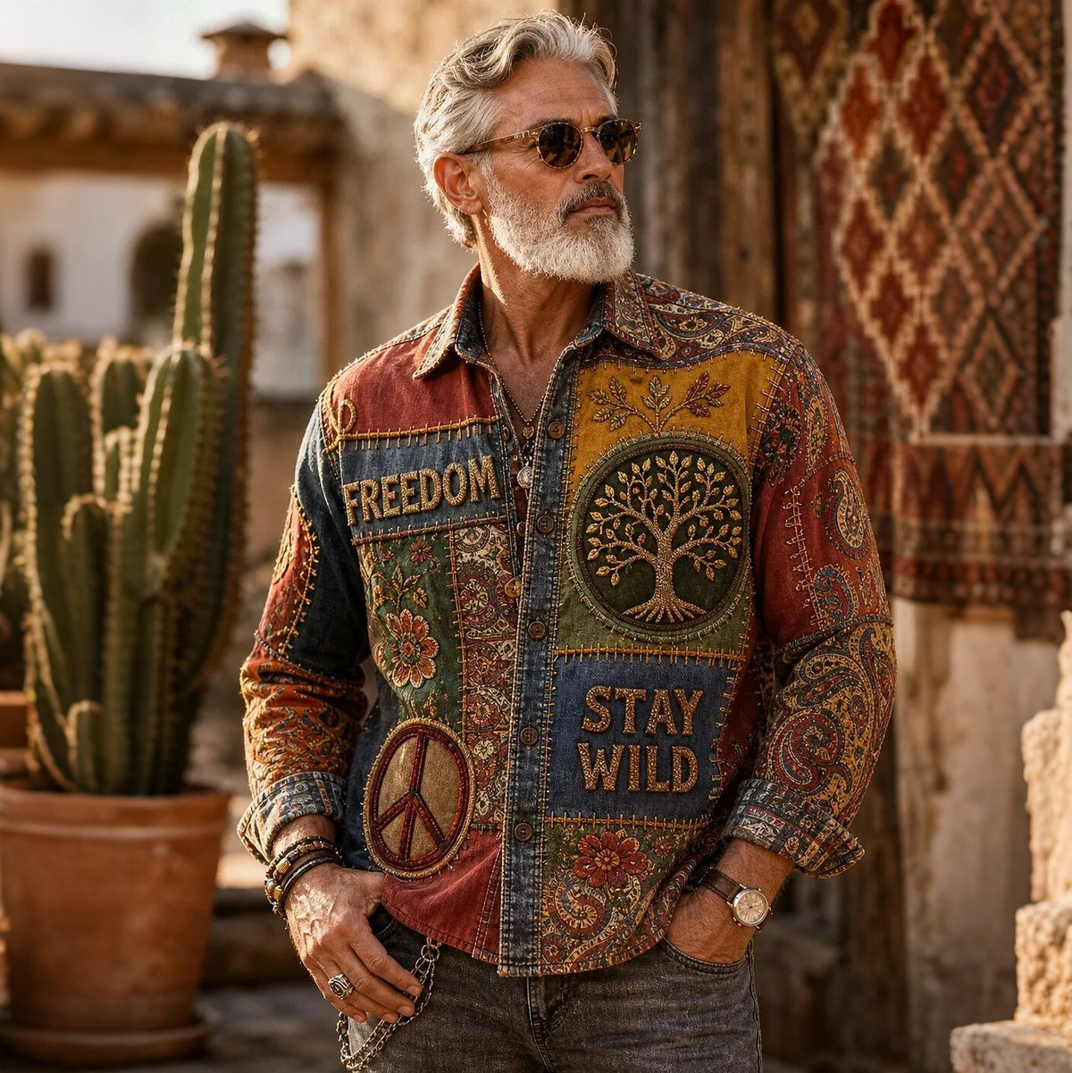 Men's Retro Hippie Color Block Patchwork Long-sleeve Shirt