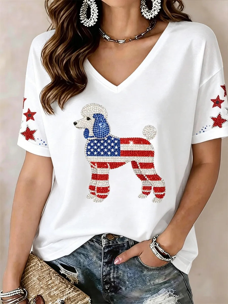 Women's Lovely Poodle Dog Rhinestone Pattern V-Neck T-Shirt