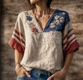 Women's America Floral Print Casual V-Neck 3/4 Sleeve