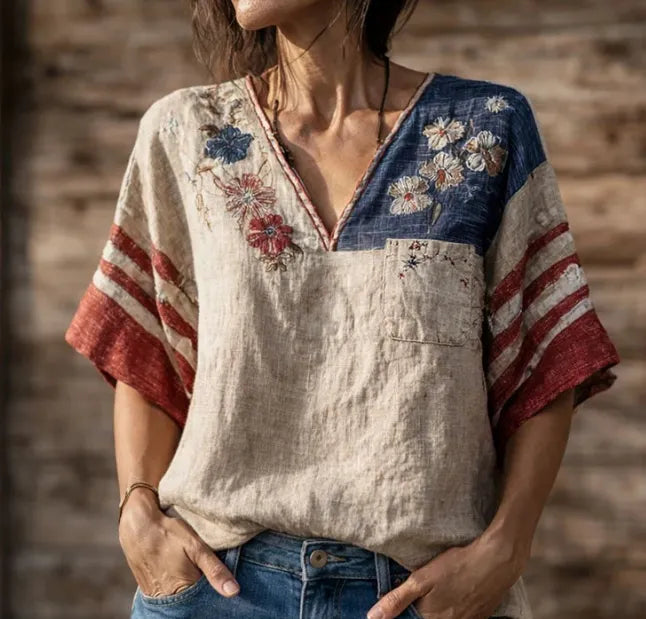 Women's America Floral Print Casual V-Neck 3/4 Sleeve