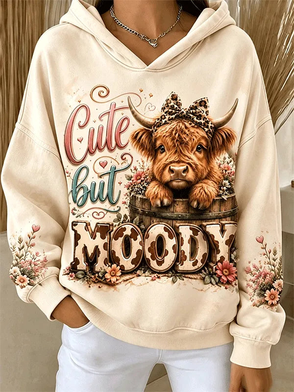 Women Cute But Moody Leopard Bow Highland Cow Floral Print Hoodie