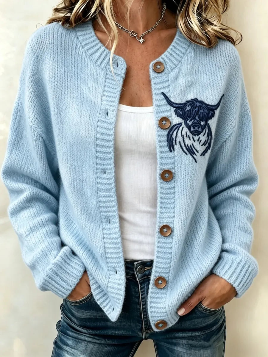Women's Highland Cow Printed Knitted Cardigan