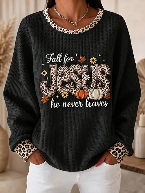 Women'S Fall For Jesus Print Waffle Sweatshirt