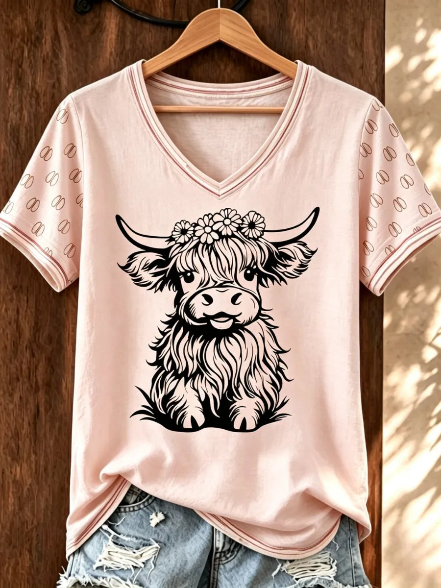 Women's Highland Cow Printed Casual V-Neck T-Shirt