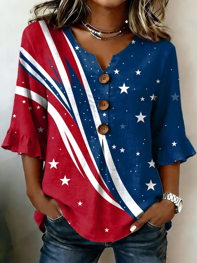 Women's Retro Art-Style American Flag Lapel Shirt