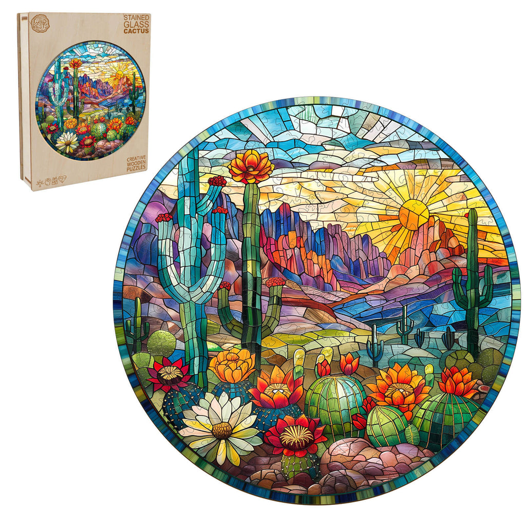 Stained Glass Cactus Wooden Jigsaw Puzzle