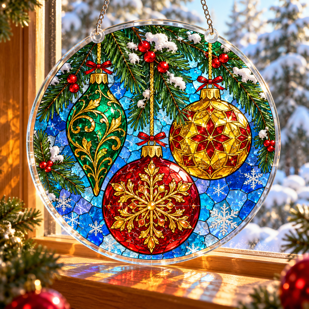 Christmas Acrylic Jigsaw Puzzle Suncatcher - Ornament Splendor