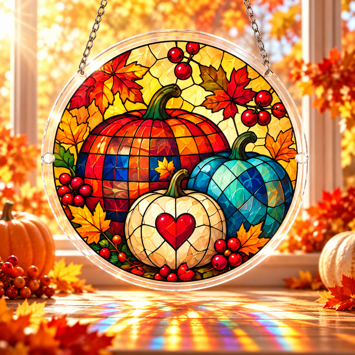 Tanksgiving Acrylic Jigsaw Puzzle Suncatcher - Plaid Pumpkin Hearts