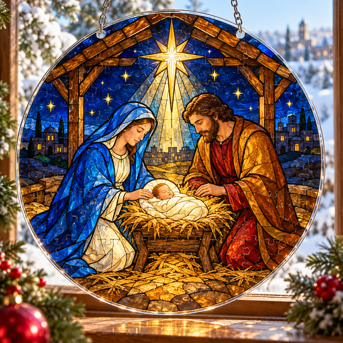 Christmas Acrylic Jigsaw Puzzle Suncatcher - Nativity Christmas Light
