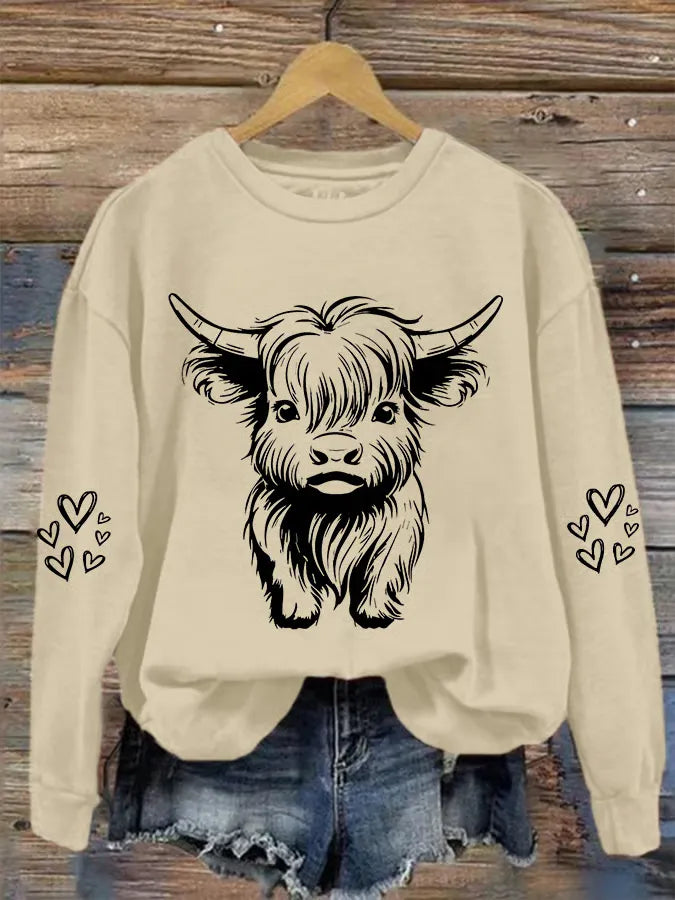 Women's Cute Highland Cow Casual Round Neck Hoodie