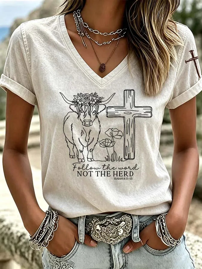Women's Western style highland cow cross print V-neck top