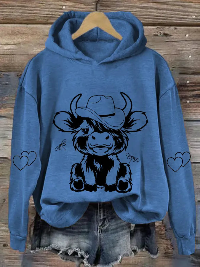 Women's Cute Baby Highland Cow Cow Lover Printed Hooded Sweatshirt