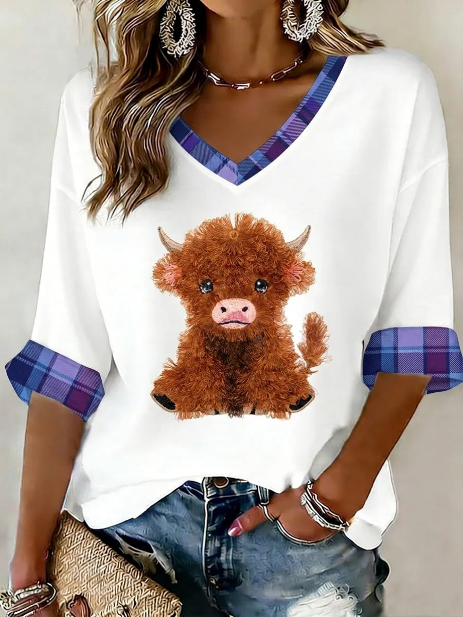 Women's Vintage Scottish Highland Cow Printed Casual Top