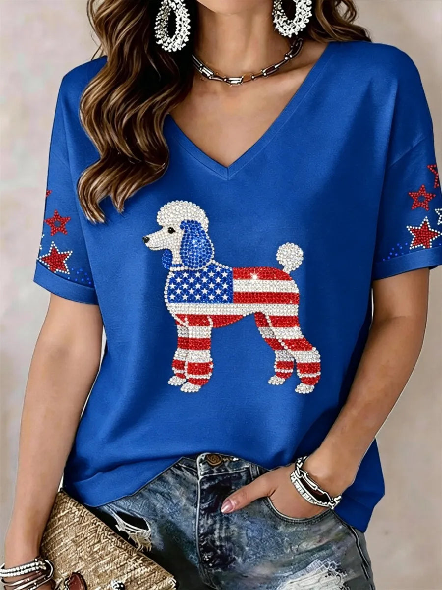 Women's Lovely Poodle Dog Rhinestone Pattern V-Neck T-Shirt