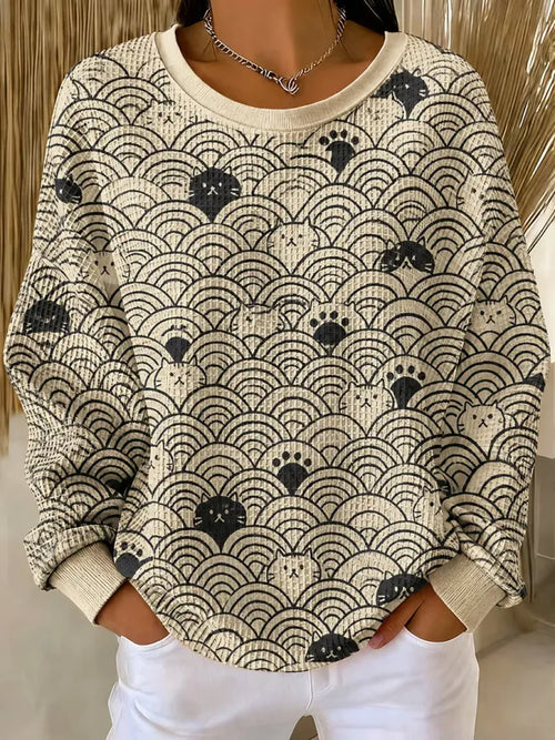Japanese Wave & Peekaboo Cat Waffle Knit Sweatshirt