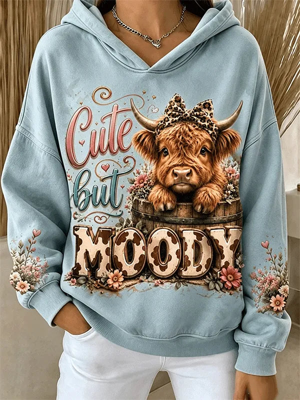 Women Cute But Moody Leopard Bow Highland Cow Floral Print Hoodie