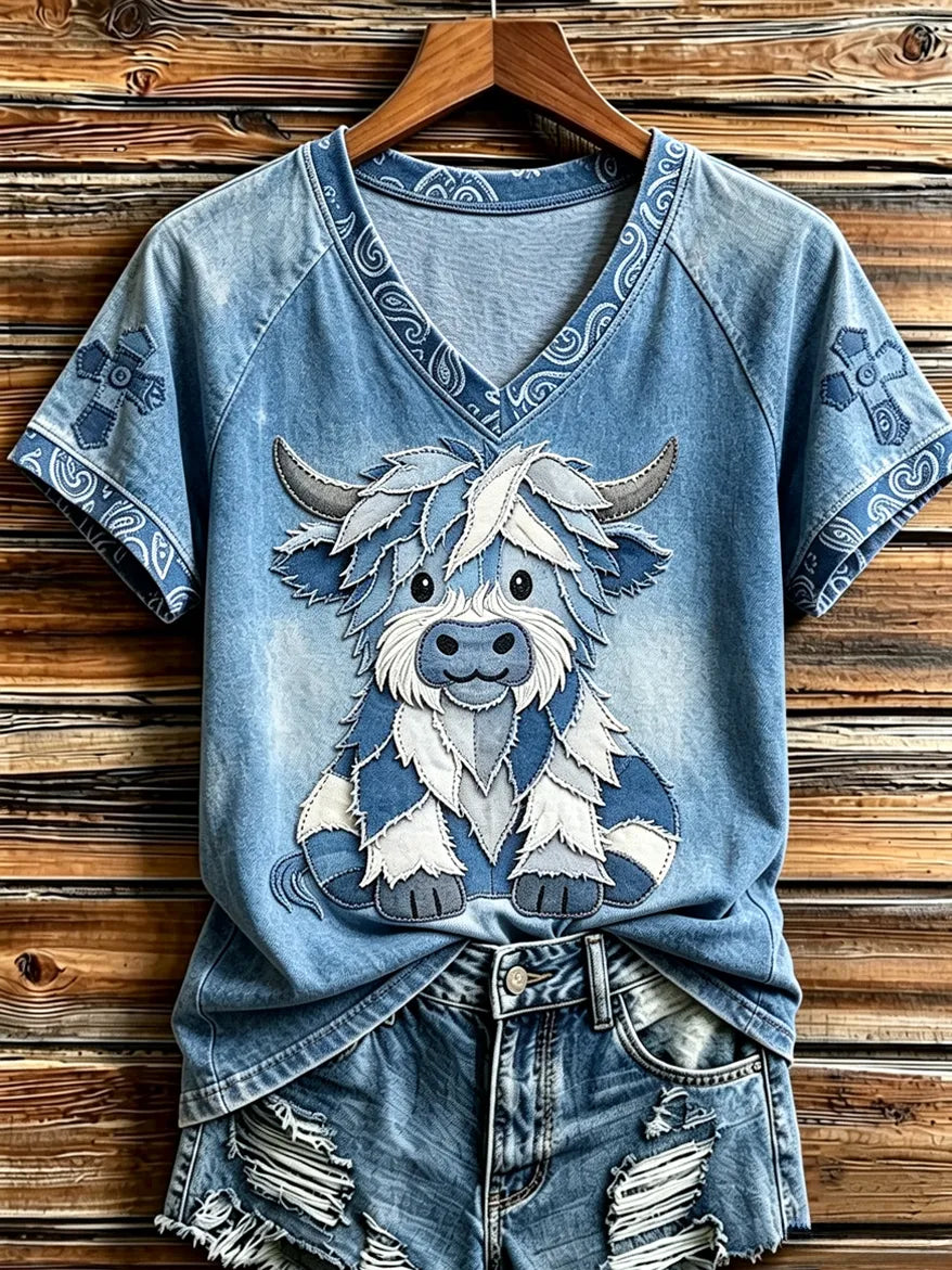 Women'S Western Highland Cow V-Neck T-Shirt