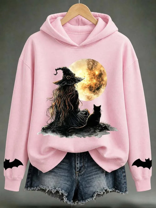 Ladies Halloween Witch Cat Printed Hoodie