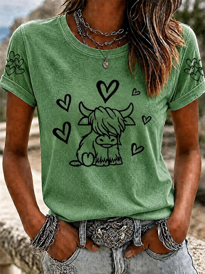 Women'S Western Grid Highland Cow Round Neck T-Shirt