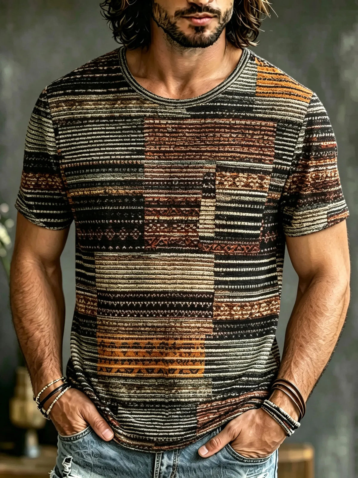 Men's Retro Geometric Striped Textured Art Print Casual T-shirt