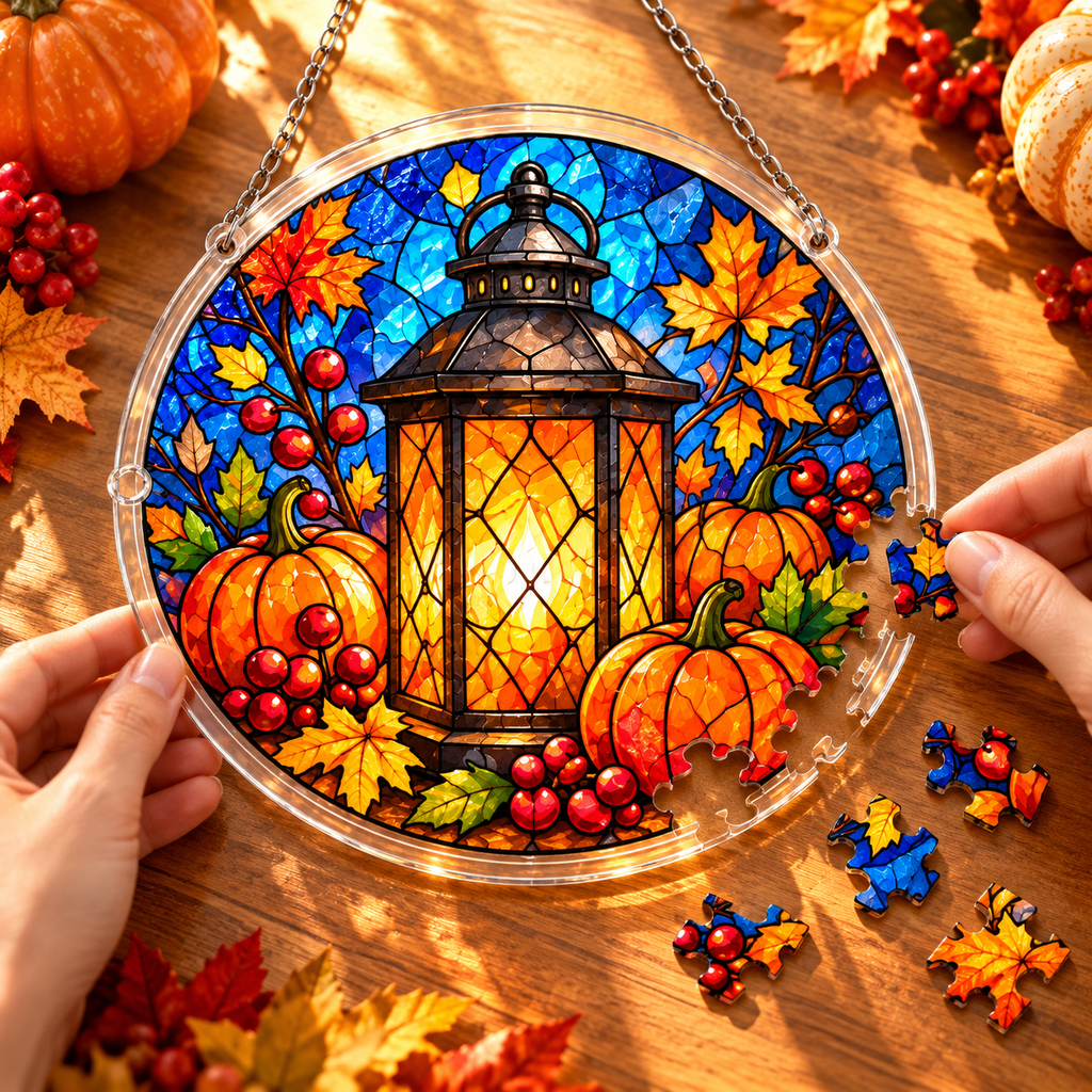 Tanksgiving Acrylic Jigsaw Puzzle Suncatcher - Golden Harvest Lantern