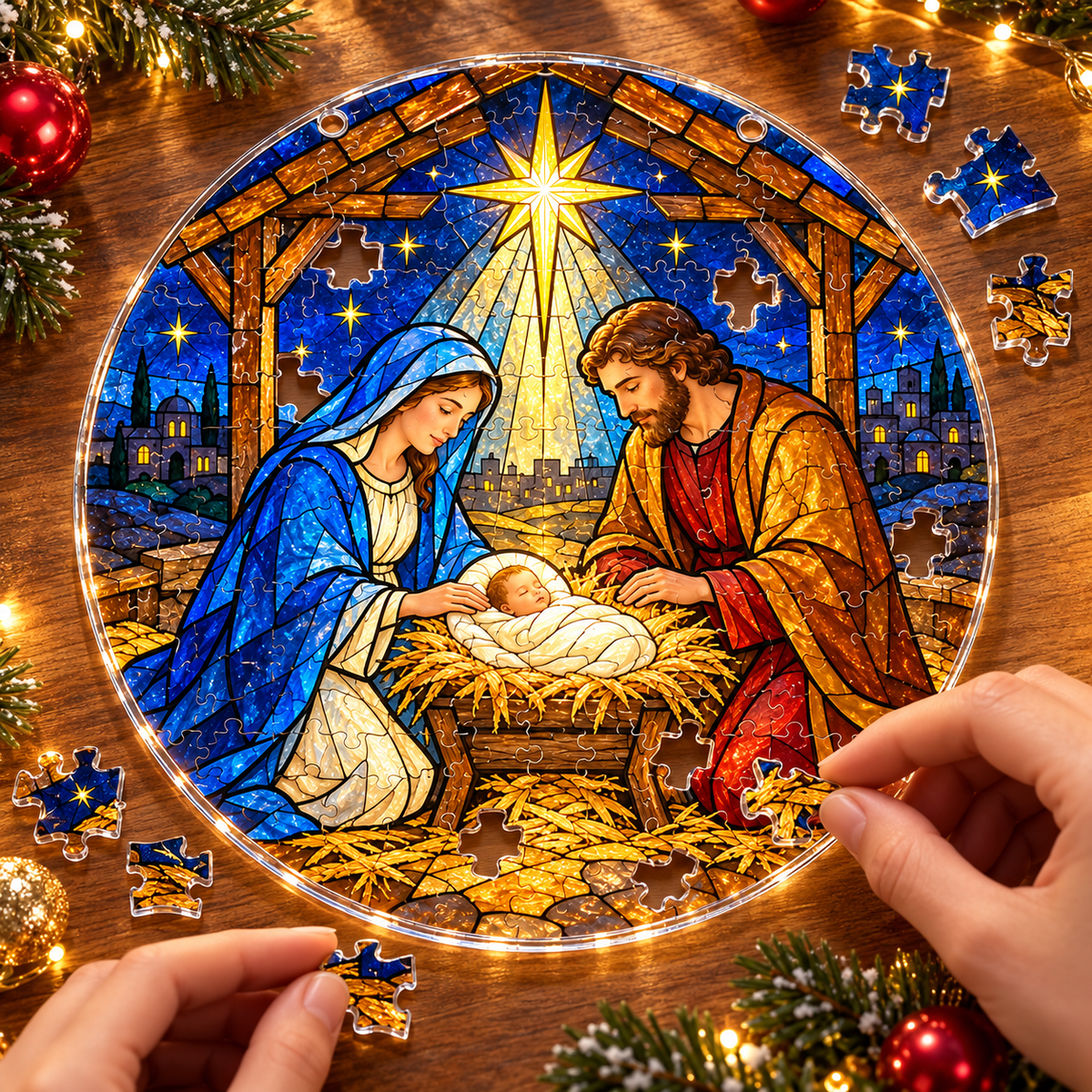 Christmas Acrylic Jigsaw Puzzle Suncatcher - Nativity Christmas Light