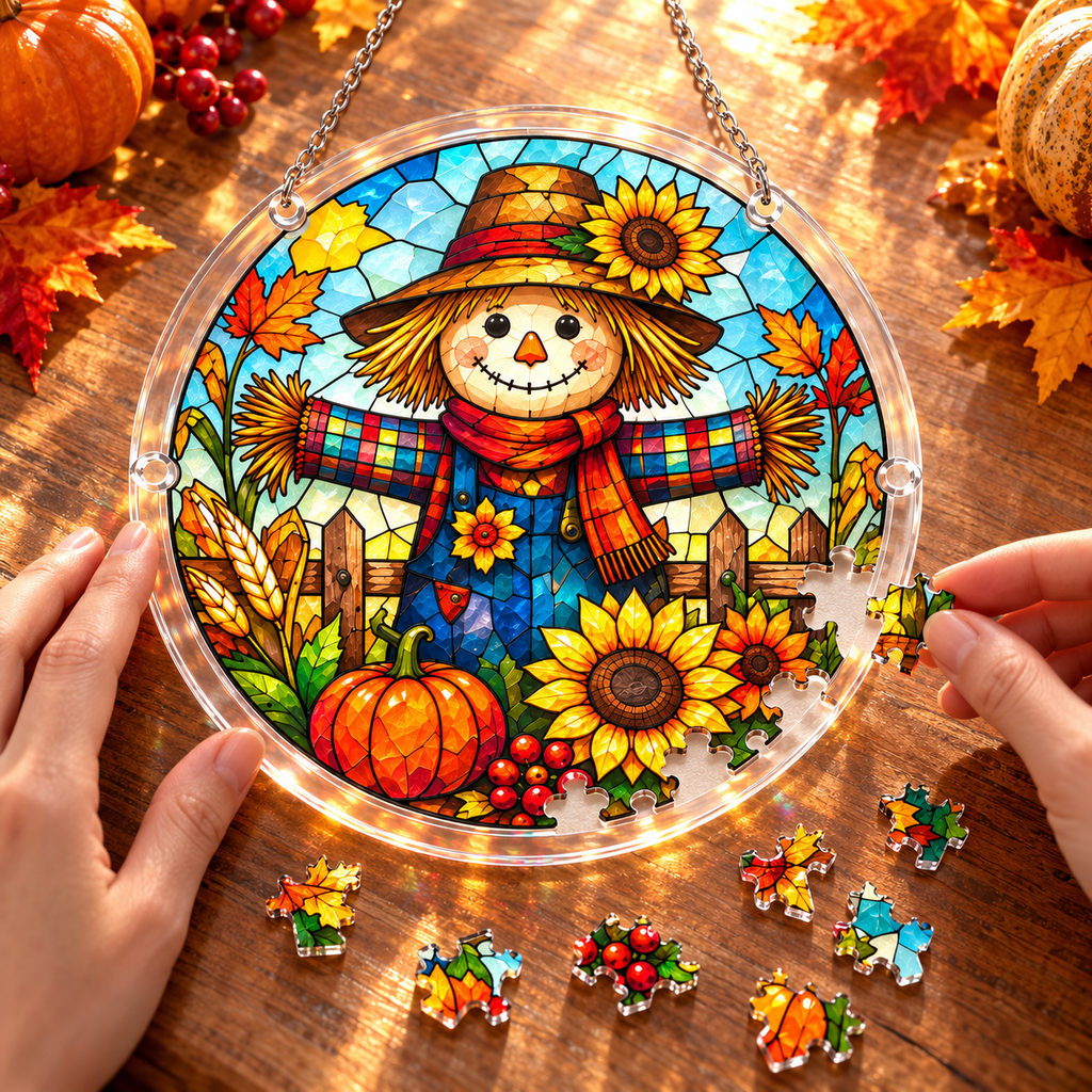 Tanksgiving Acrylic Jigsaw Puzzle Suncatcher - Autumn Scarecrow