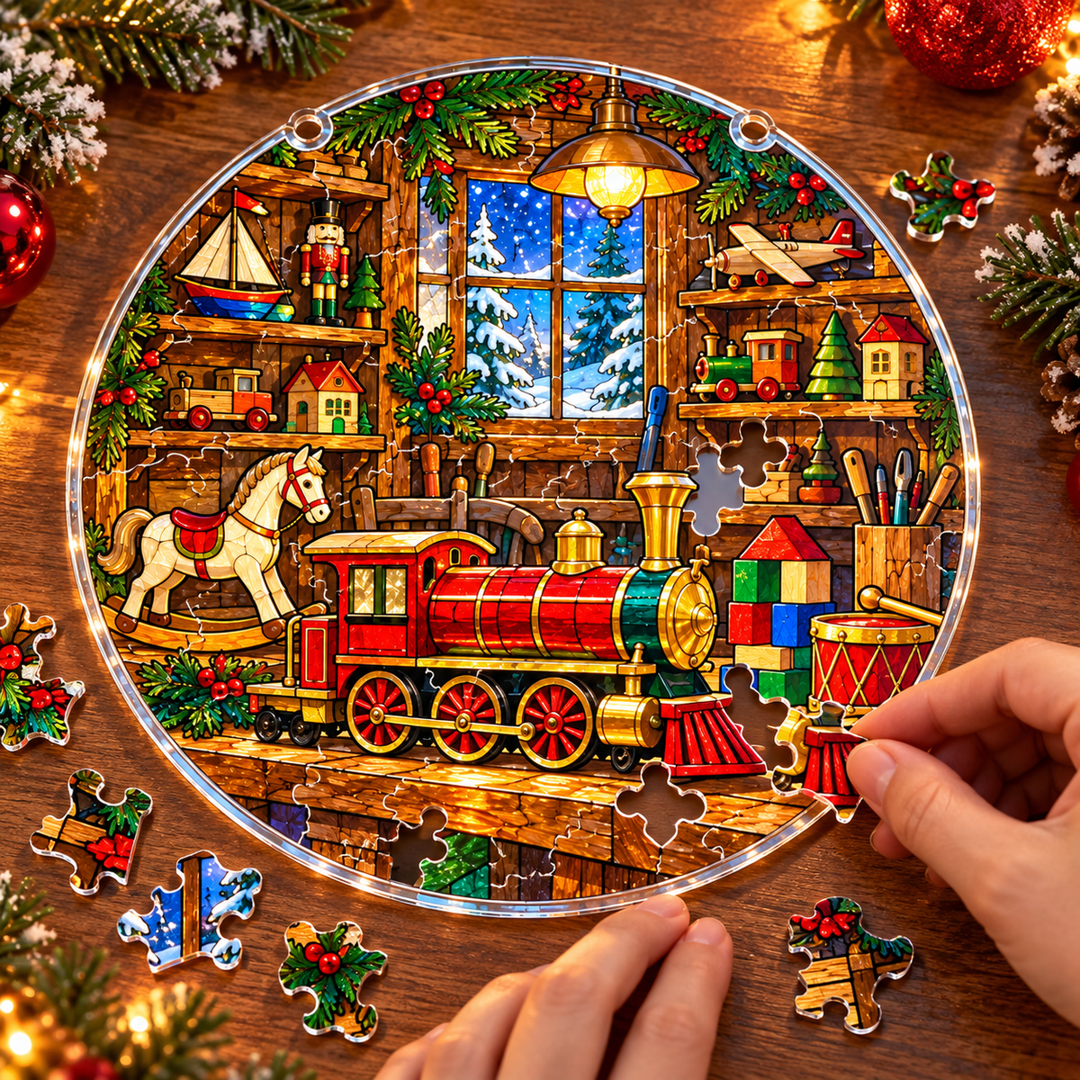 Christmas Acrylic Jigsaw Puzzle Suncatcher - Santa’s Toy Workshop