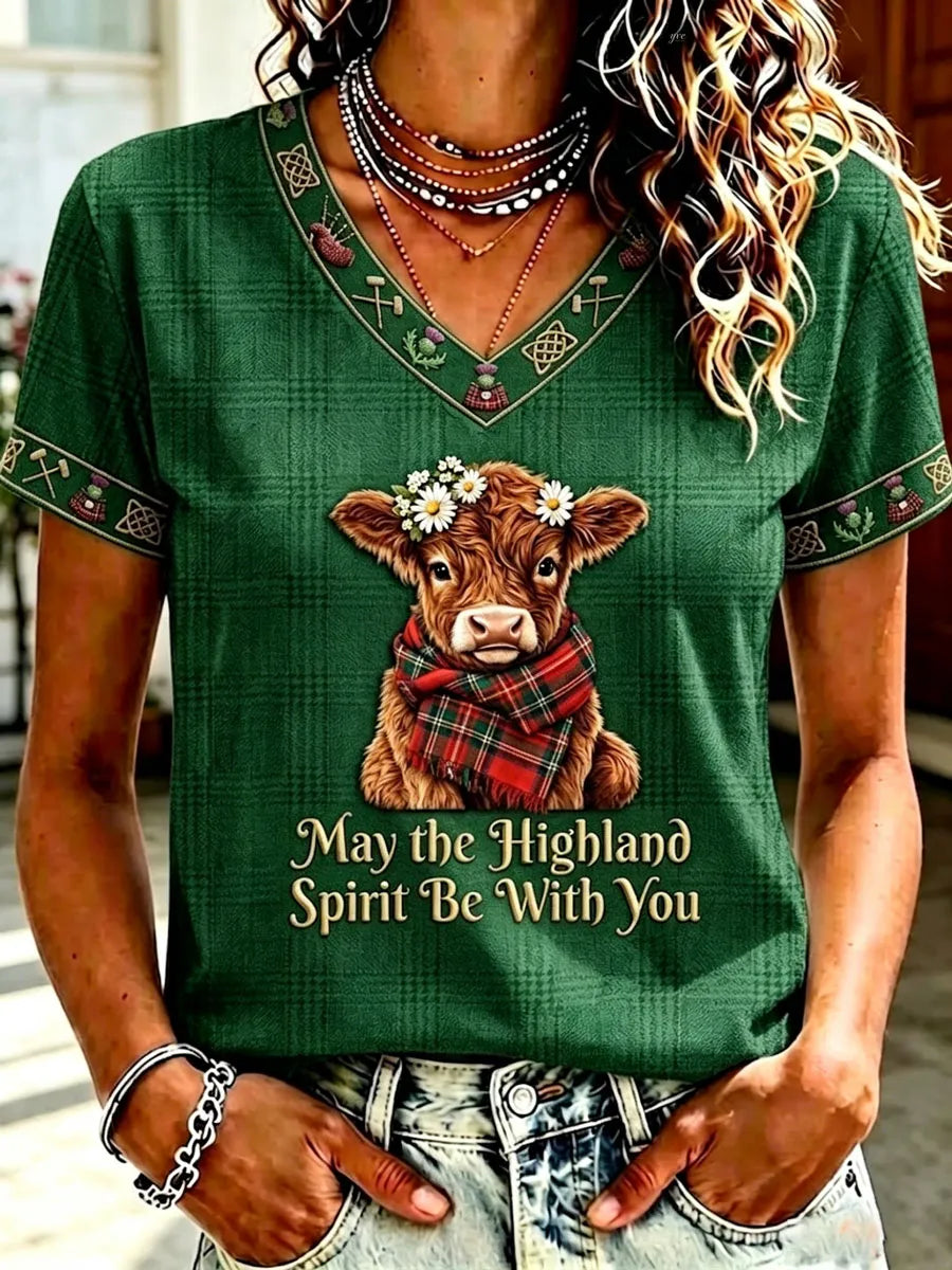 Scottish Highland Cow Print Women'S Cotton-Linen V-Neck T-Shirt