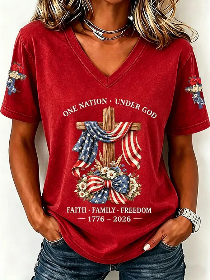Women'S America Flag Floral Print Casual V-Neck T-Shirt