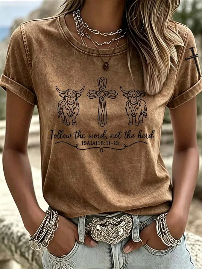 Women'S Western Highland Cow Cross Printed T-Shirt