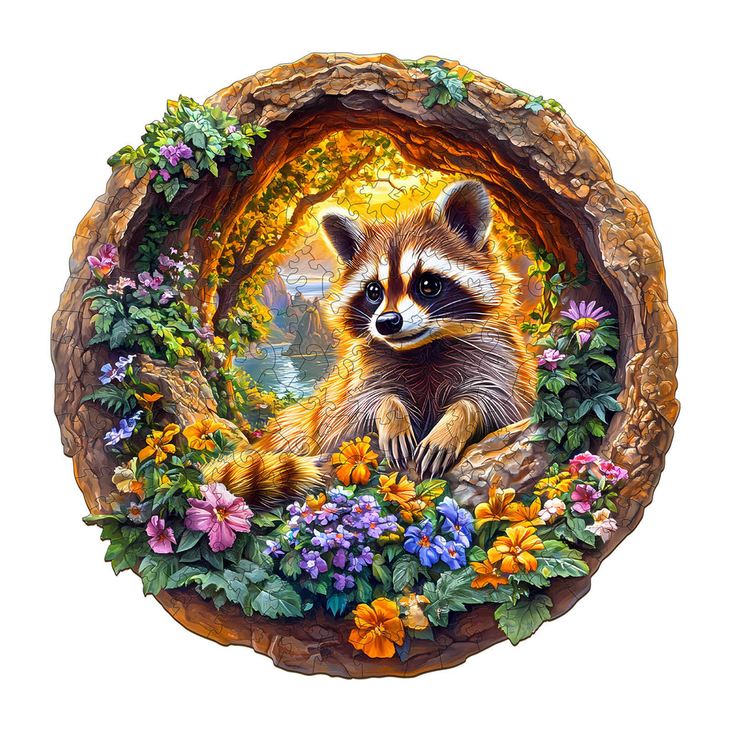 3D Raccoon on Vacation Wooden Jigsaw Puzzle