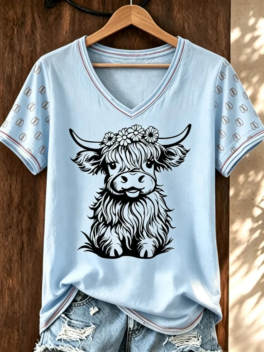 Women's Highland Cow Printed Casual V-Neck T-Shirt