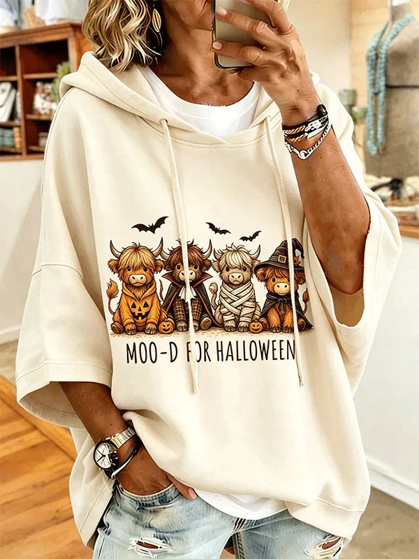 Women's Moo-d For Halloween Costume Highland Cow Bat Pumpkin Print Hoodie