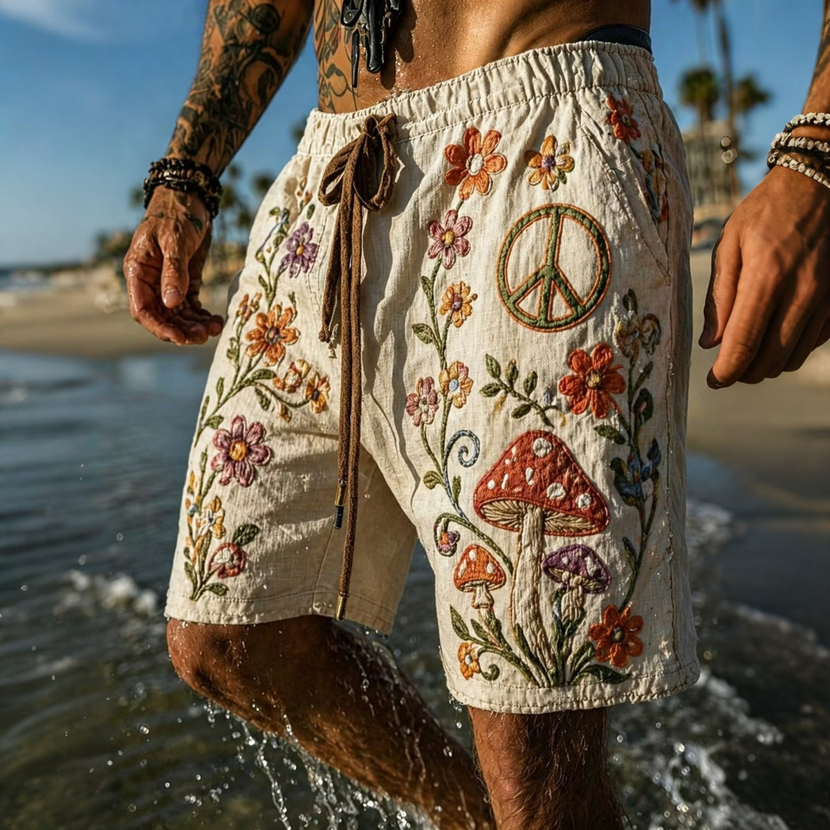 Men's Colorful Hippie Sun And Mushroom Pattern Casual Linen Blend Shorts