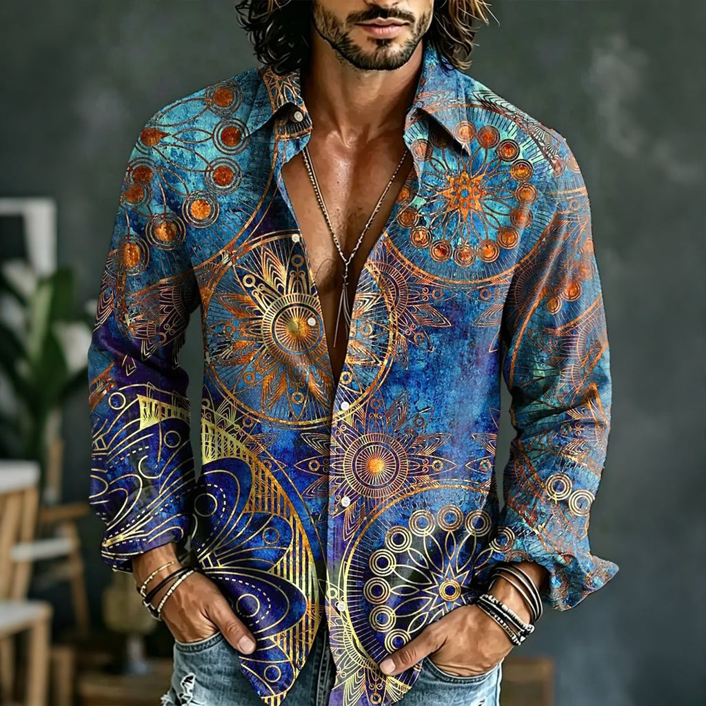 Men's Hippie Art Print Long Sleeves Linen Shirt