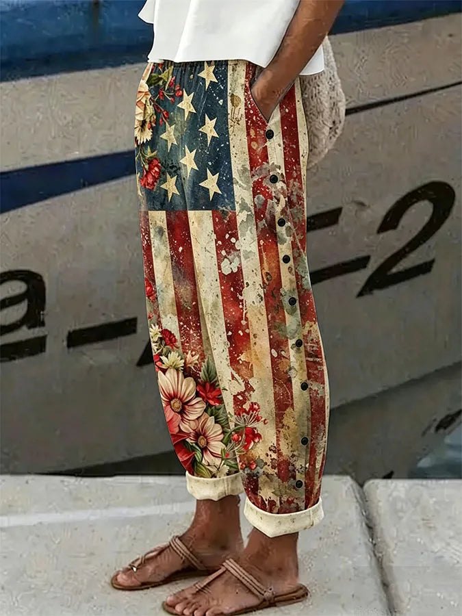 Women'S Flag Floral Printed Casual Pants