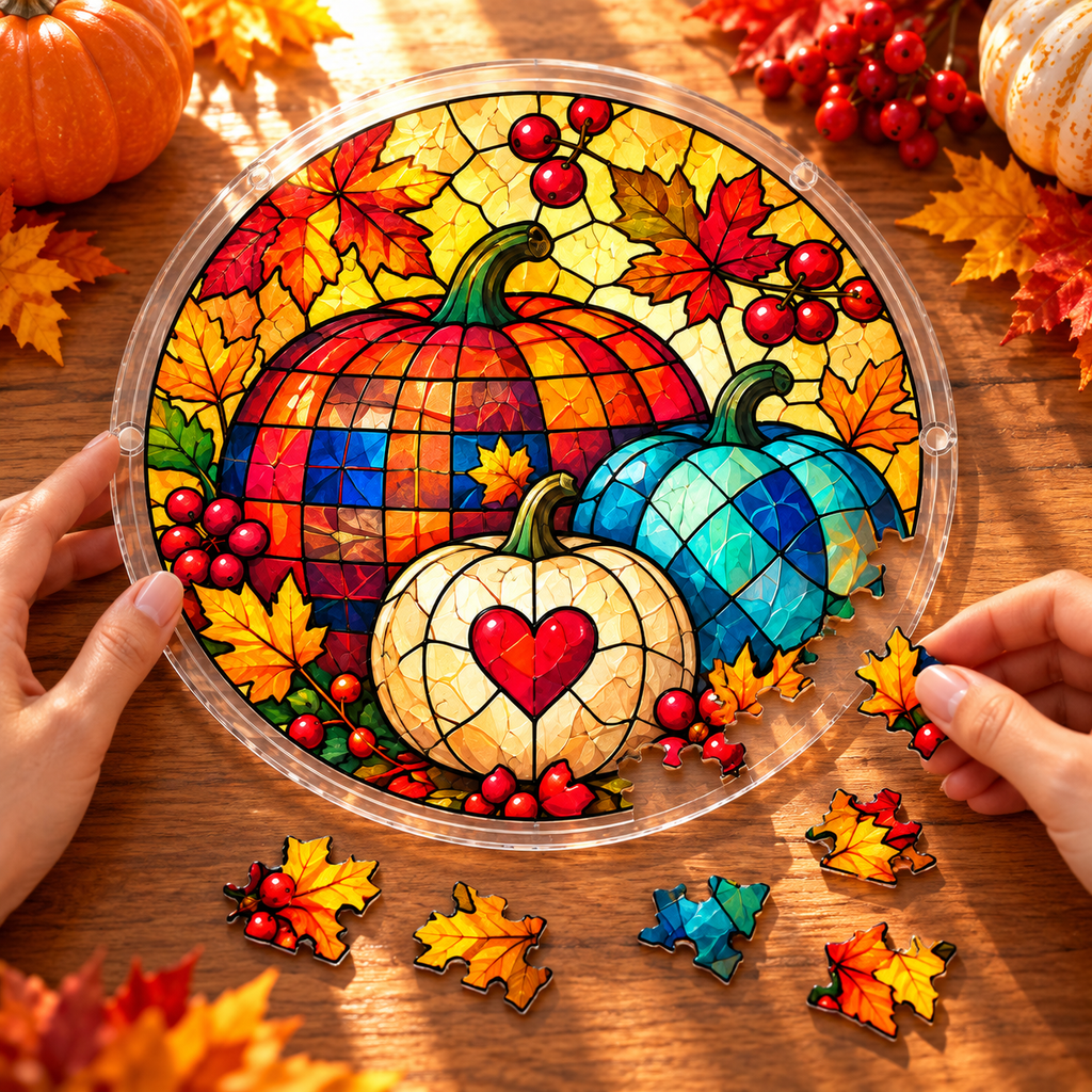 Tanksgiving Acrylic Jigsaw Puzzle Suncatcher - Plaid Pumpkin Hearts