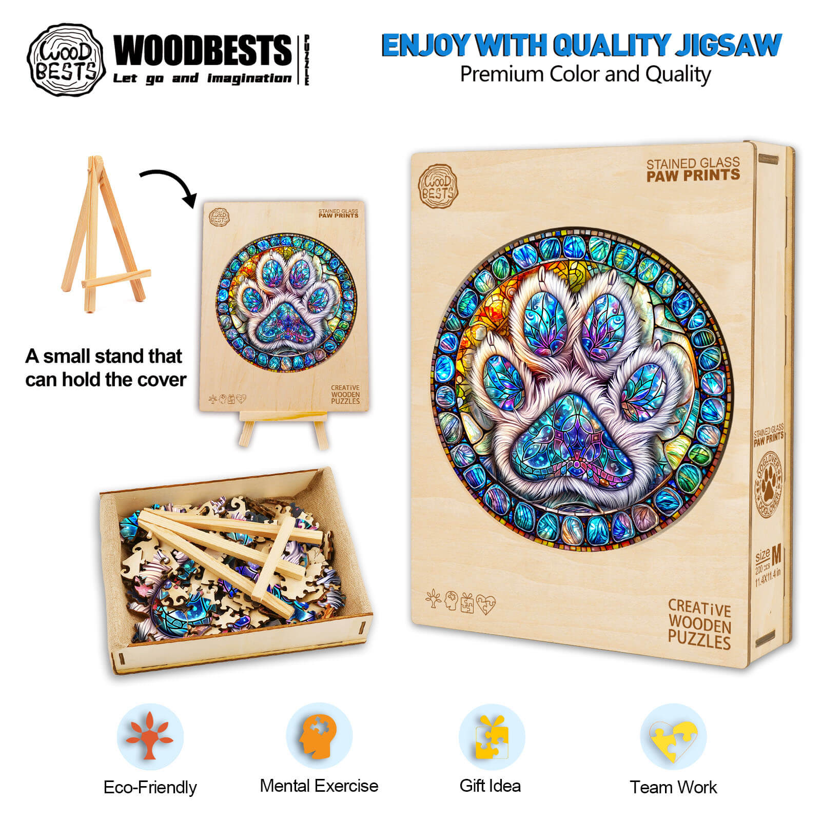 Stained glass paw prints Wooden Jigsaw Puzzle