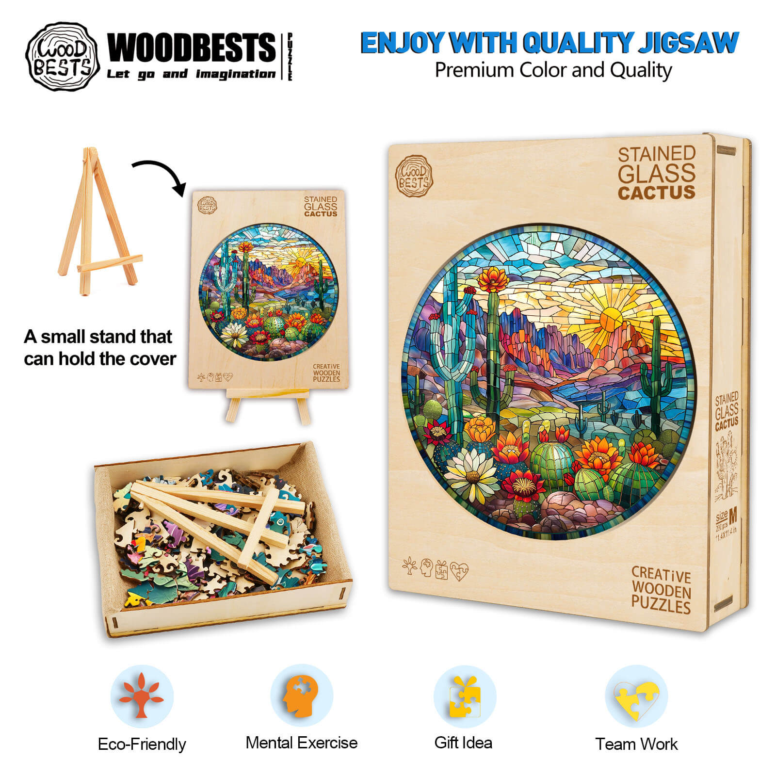 Stained Glass Cactus Wooden Jigsaw Puzzle