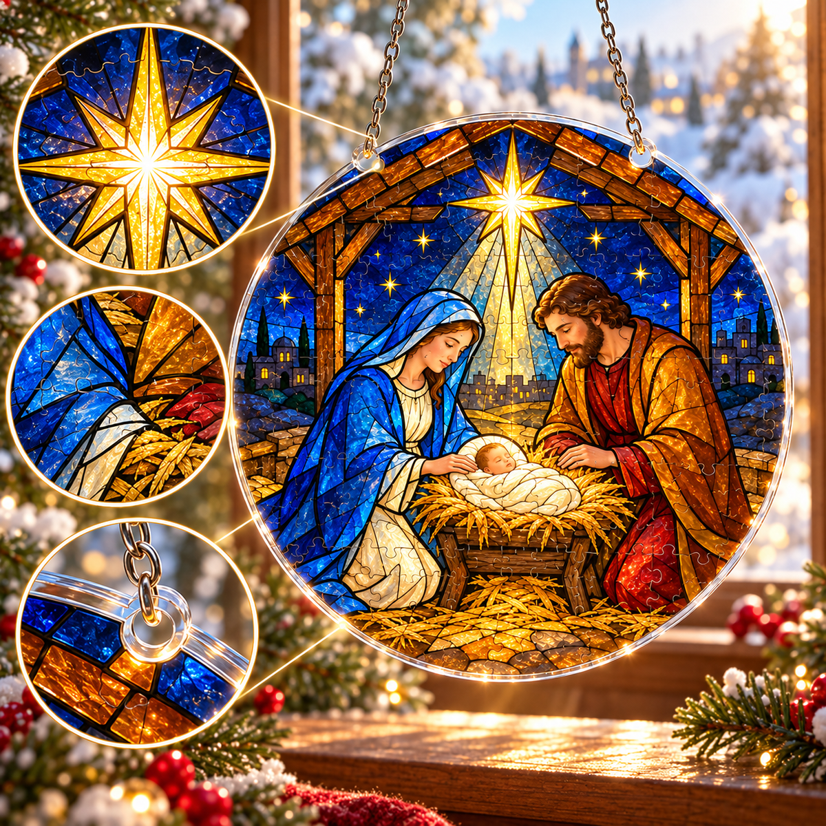 Christmas Acrylic Jigsaw Puzzle Suncatcher - Nativity Christmas Light